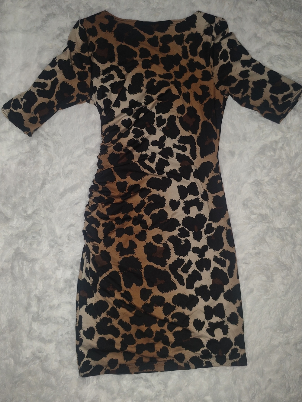 Leopard Print Ruched Bodycon Dress - Brown/Black/Tan
